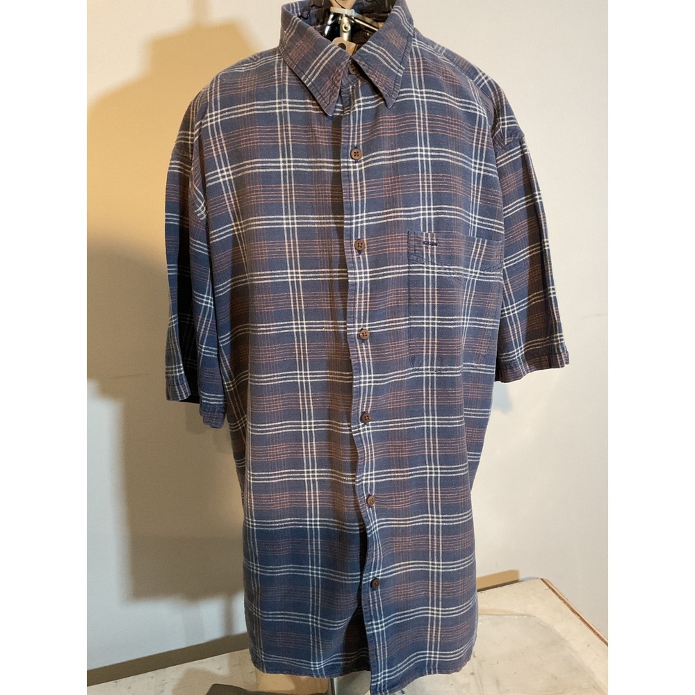 Madison Trader Mens Silk Cotton Plaid Short Sleeve Button Up Shirt Blue Orange M